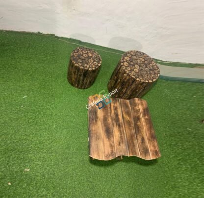 Solid Wood Square Coffee Table With 2 Log Stool (Set of 3) | Garden Furniture For Any living Space - Image 6