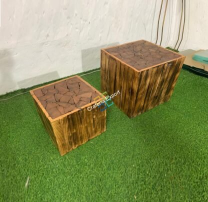 Square Wooden Handcrafted Stool Table Natural Wood Logs Smooth Finish Bedside Corner Coffee Tea-Table set of 2 - Image 2