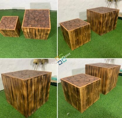 Square Wooden Handcrafted Stool Table Natural Wood Logs Smooth Finish Bedside Corner Coffee Tea-Table set of 2 - Image 3