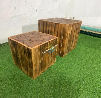 Square Wooden Handcrafted Stool Table Natural Wood Logs Smooth Finish Bedside Corner Coffee Tea-Table set of 2 - Image 5