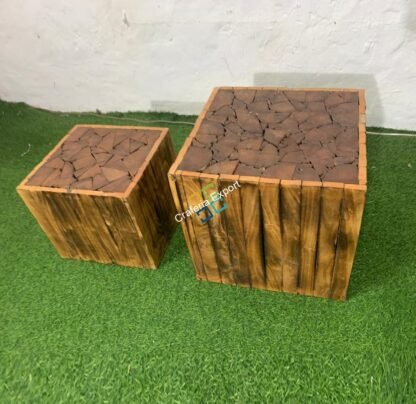 Square Wooden Handcrafted Stool Table Natural Wood Logs Smooth Finish Bedside Corner Coffee Tea-Table set of 2 - Image 7