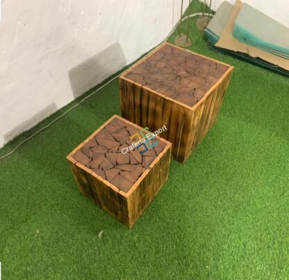 Square Wooden Handcrafted Stool Table Natural Wood Logs Smooth Finish Bedside Corner Coffee Tea-Table set of 2 - Image 8