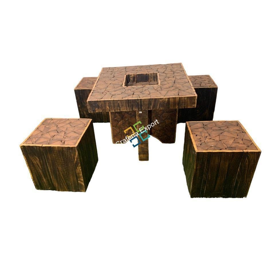 Wooden log square coffee table stools with center table for living room and garden set of 5 - Image 3