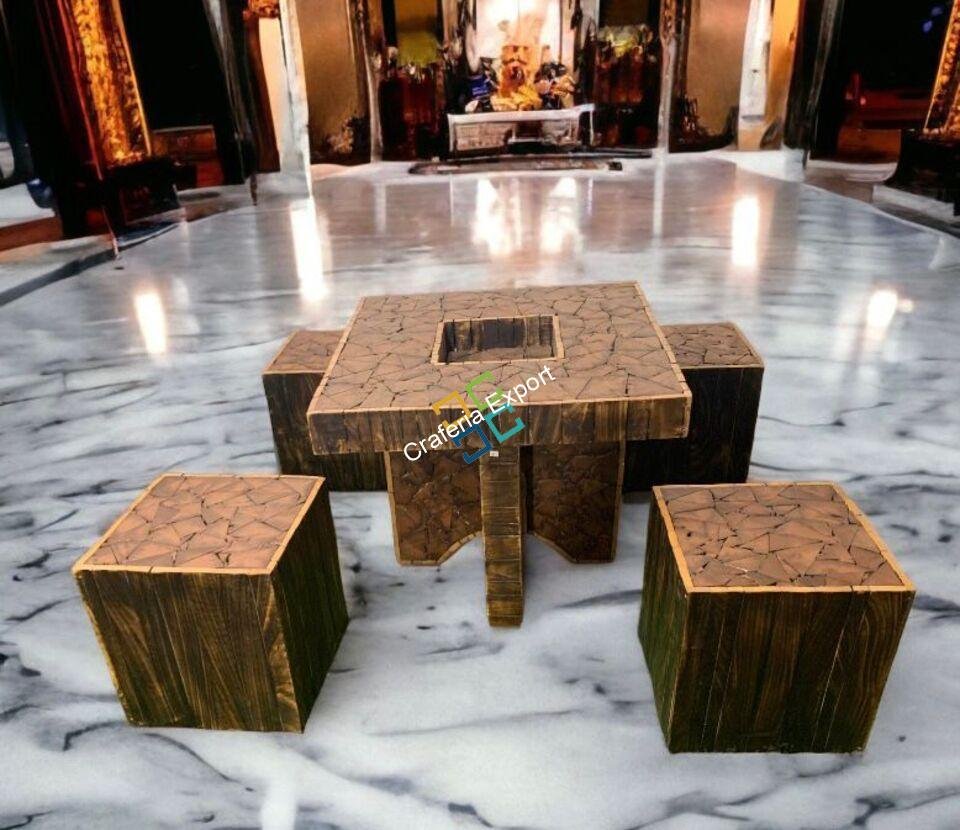 Wooden log square coffee table stools with center table for living room and garden set of 5 - Image 2