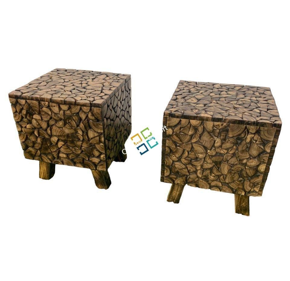 Wooden Natural Square Shaped Log Coffee Table Stool - Image 5