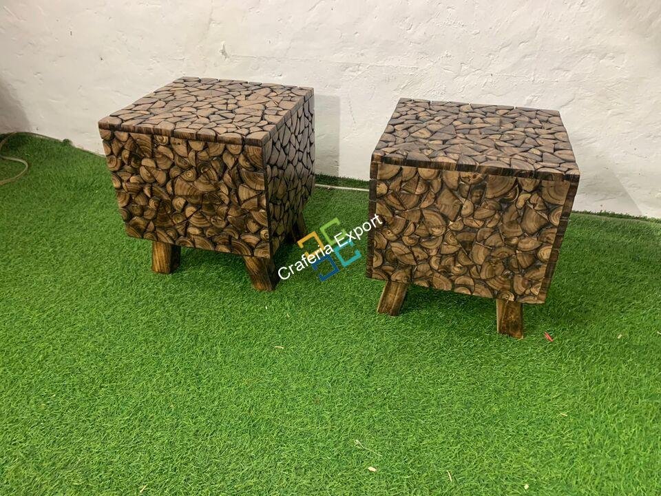 Wooden Natural Square Shaped Log Coffee Table Stool - Image 6