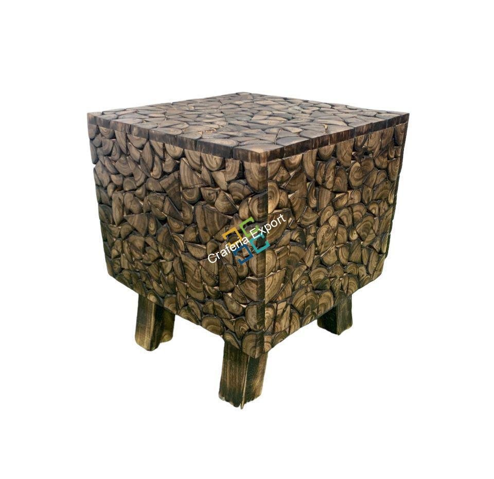Wooden Natural Square Shaped Log Coffee Table Stool - Image 2