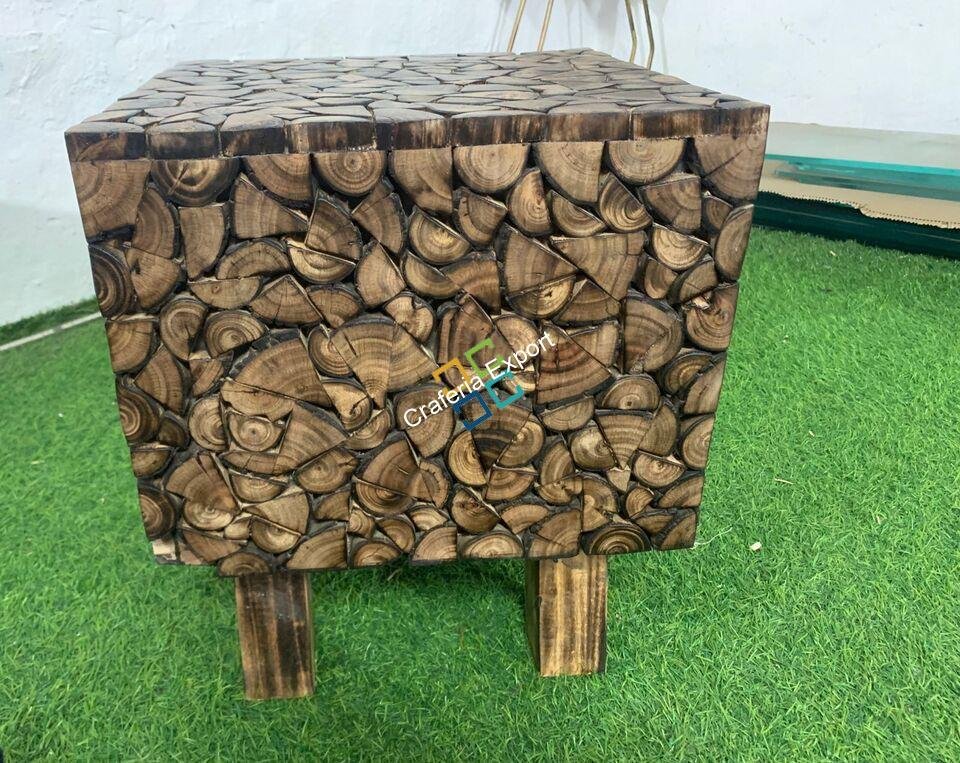 Wooden Natural Square Shaped Log Coffee Table Stool - Image 3