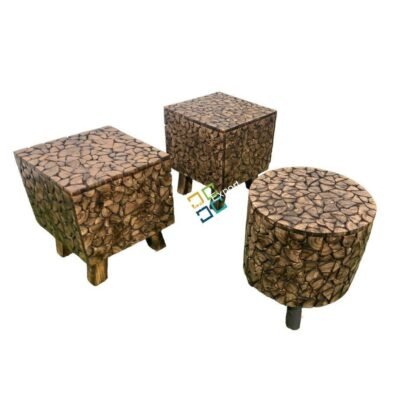 Solid Wooden log Coffee Table with 2 stools set of 3 - Image 2