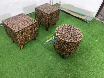Solid Wooden log Coffee Table with 2 stools set of 3 - Image 3