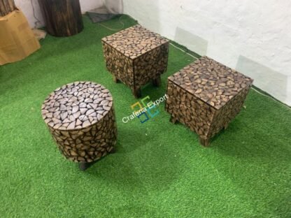 Solid Wooden log Coffee Table with 2 stools set of 3 - Image 5