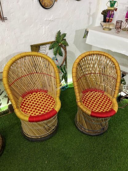 Hand Woven Natural Bamboo Mudha Chairs Set - Image 3