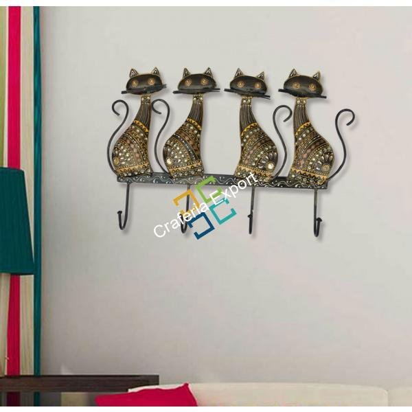 Beautiful four cats with wrought iron key holder/ wall Hooks for wall decor