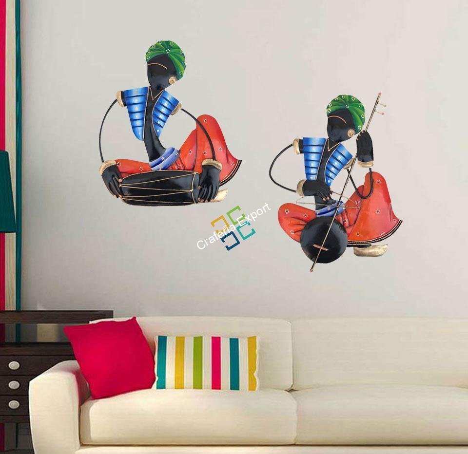 Indian Tradition Handcrafted Musical Men Wall Hanging Showpiece for Interior Decor/Gifts -(Set Of 2) - Image 2