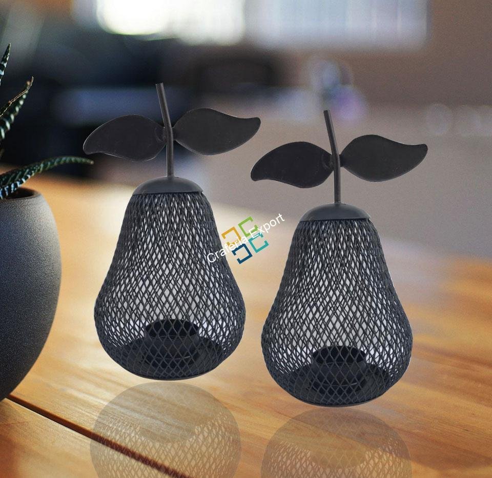 Pear Cage Shape Metal Table Top T-Light Candle Holder Stand (set of 2)