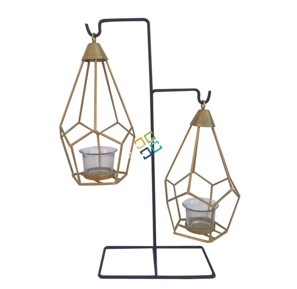 Brass Diamond Shaped Triangle T-Light Candle Holder With Hanging Stand (Set Of 2) - Image 4