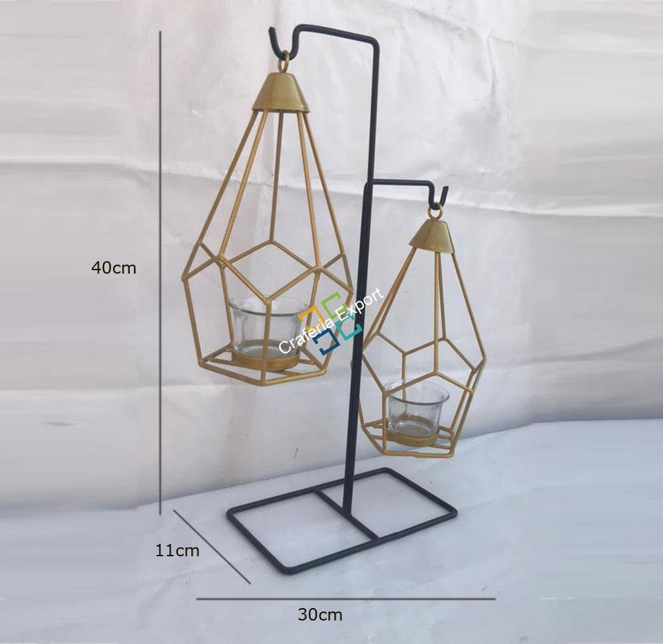 Brass Diamond Shaped Triangle T-Light Candle Holder With Hanging Stand (Set Of 2) - Image 3