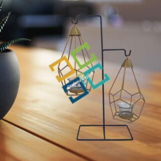 Brass Diamond Shaped Triangle T-Light Candle Holder With Hanging Stand (Set Of 2)