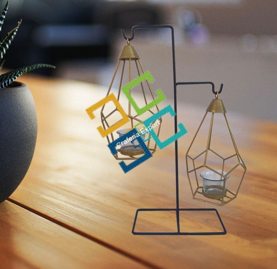 Brass Diamond Shaped Triangle T-Light Candle Holder With Hanging Stand (Set Of 2)