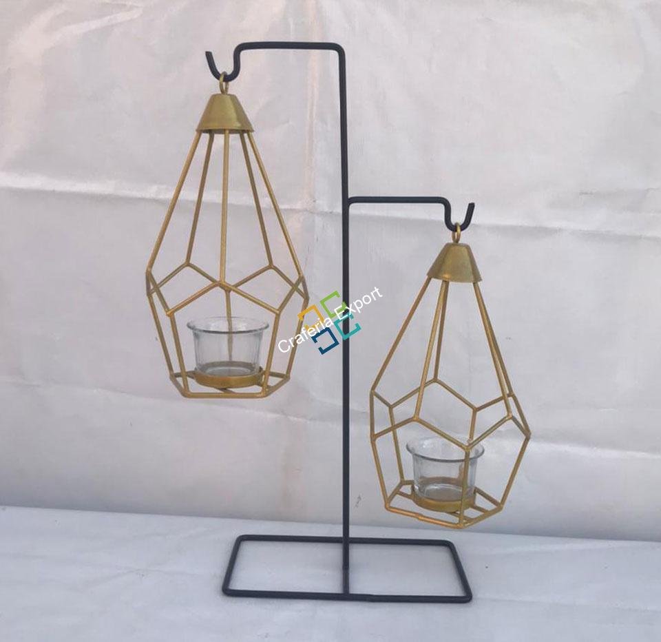 Brass Diamond Shaped Triangle T-Light Candle Holder With Hanging Stand (Set Of 2) - Image 5