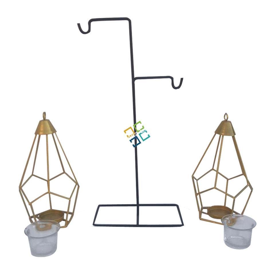 Brass Diamond Shaped Triangle T-Light Candle Holder With Hanging Stand (Set Of 2) - Image 2