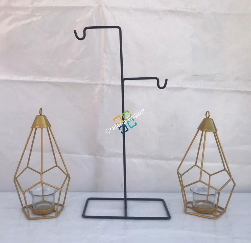 Brass Diamond Shaped Triangle T-Light Candle Holder With Hanging Stand (Set Of 2) - Image 6