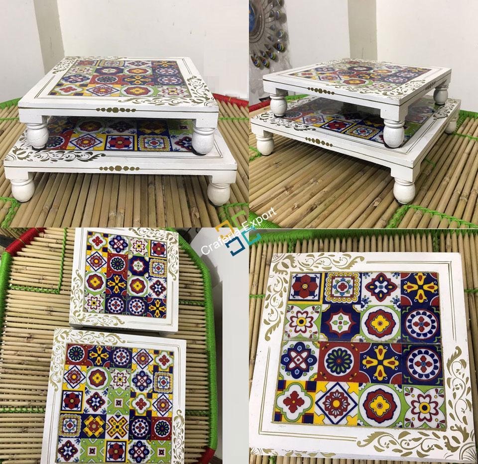 Ethnic Wooden Chowki For Home Decor/Showpiece(Set of 2) - Image 2