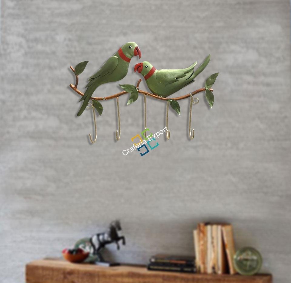 Metallic Parrot Couple Sitting Key Holder For Wall Decor/Gift Item - Image 4