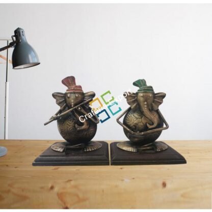 Two Piece of Anique Ganesh Brass Statue Handicrafts with Musical Instruments - Image 2
