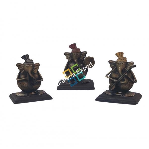 Brass Ganesh Figurine (Set of 3 ) with Musical Instruments sculpture Indian Handicraft