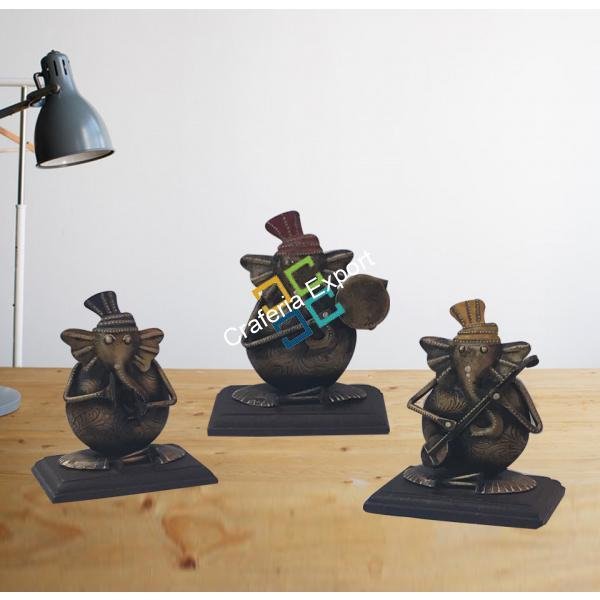 Brass Ganesh Figurine (Set of 3 ) with Musical Instruments sculpture Indian Handicraft - Image 2