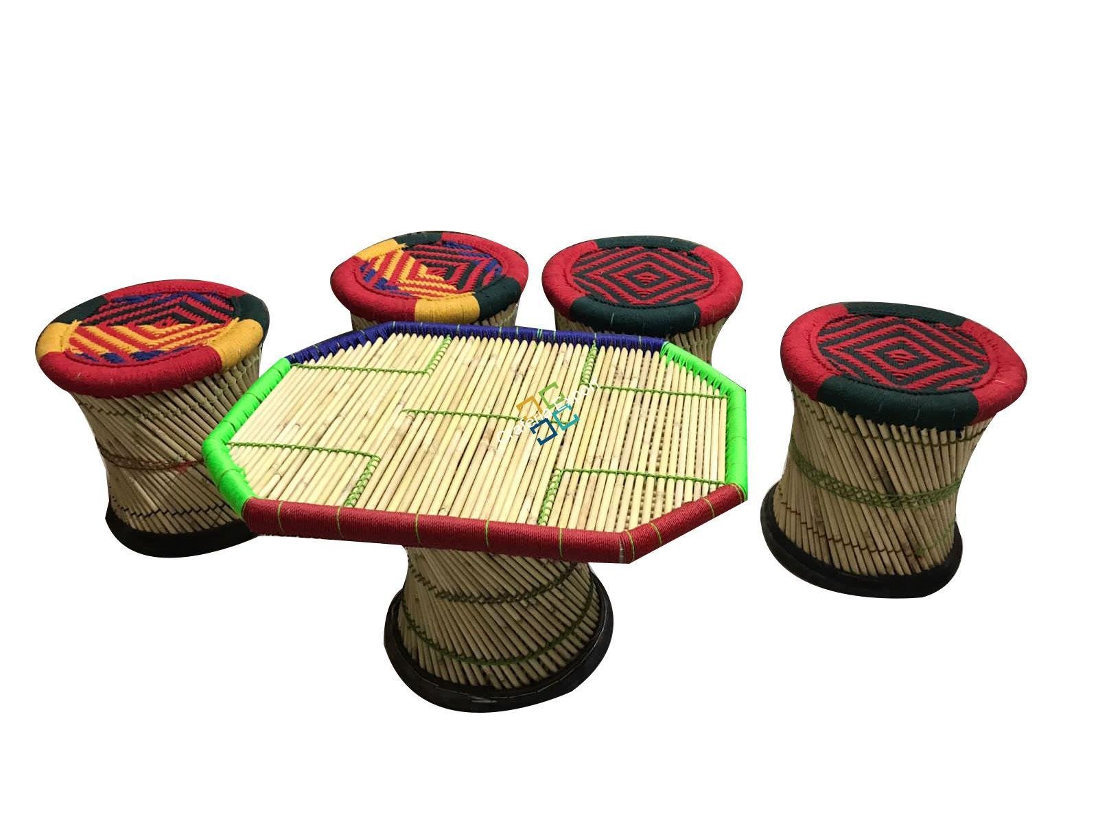 Bamboo Crafted Mudha Set of 4 Large Mudha Stools and 1 Table