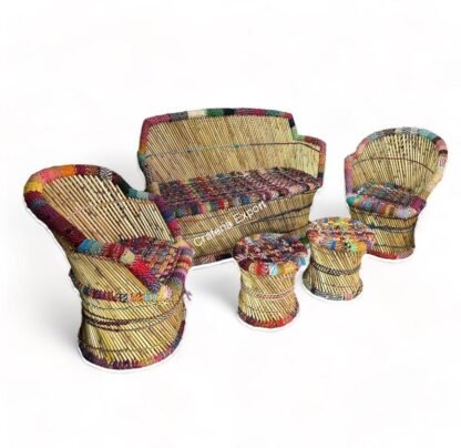 Handmade Mudha Furniture Set Of 5 Bamboo 3 Seater Sofa Set Two Chairs And Two Stools Living Room Furniture Set - Image 2