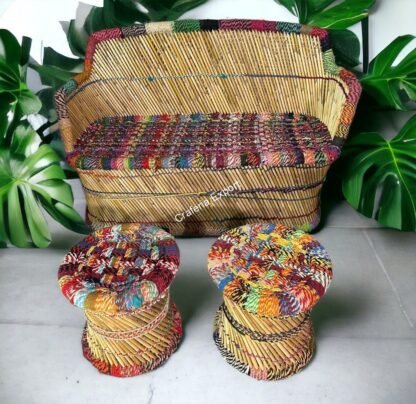 Handmade Mudha Furniture Set Of 5 Bamboo 3 Seater Sofa Set Two Chairs And Two Stools Living Room Furniture Set - Image 4