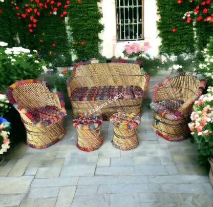 Handmade Mudha Furniture Set Of 5 Bamboo 3 Seater Sofa Set Two Chairs And Two Stools Living Room Furniture Set - Image 5