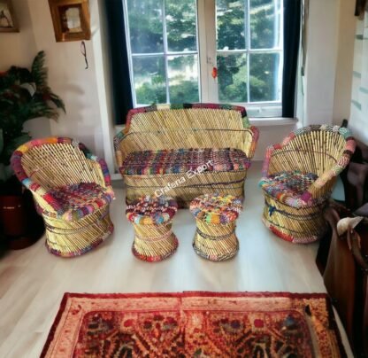 Handmade Mudha Furniture Set Of 5 Bamboo 3 Seater Sofa Set Two Chairs And Two Stools Living Room Furniture Set - Image 6