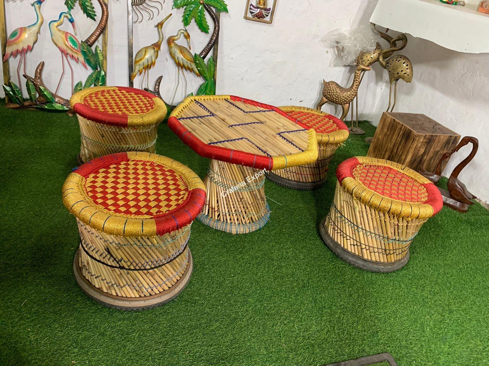 Handmade Bamboo Muddha Stools With Bamboo Round Shaped Table Garden Furniture Set/Outdoor Furniture Set - Image 2