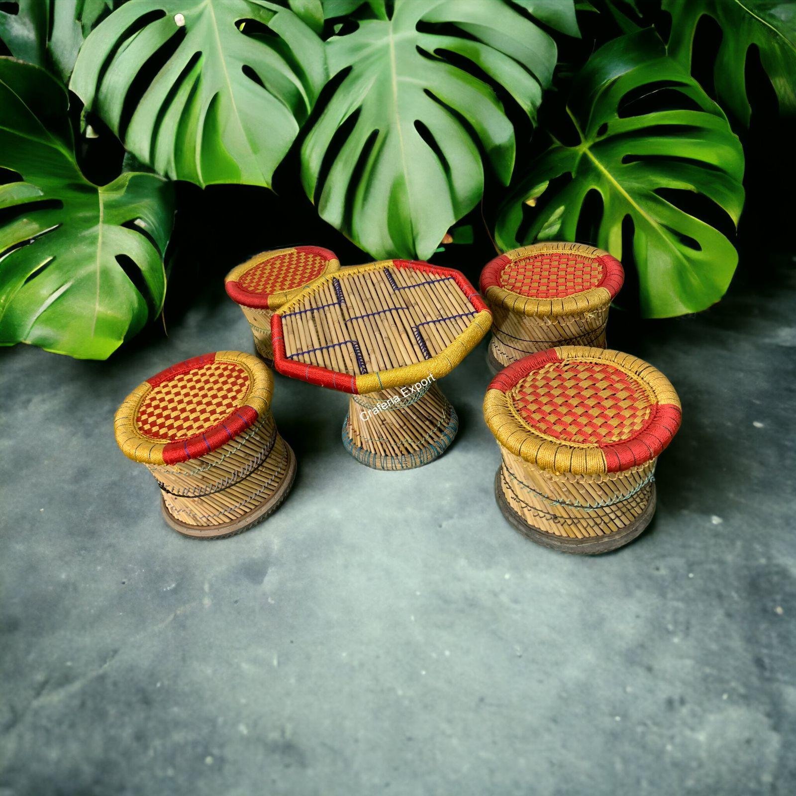 Handmade Bamboo Muddha Stools With Bamboo Round Shaped Table Garden Furniture Set/Outdoor Furniture Set - Image 4