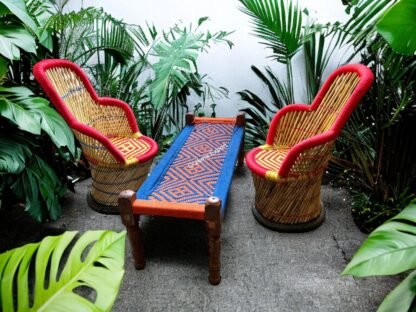 Bamboo Ullu-Cut Chairs With Wooden Small Bench Outdoor Furniture Set of 7 - Image 6