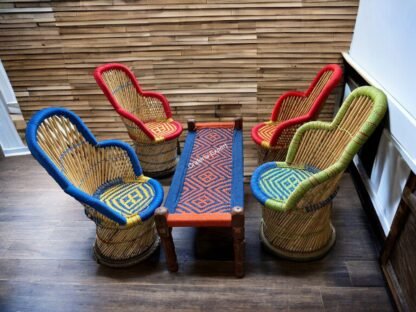 Bamboo Ullu-Cut Chairs With Wooden Small Bench Outdoor Furniture Set of 7 - Image 5