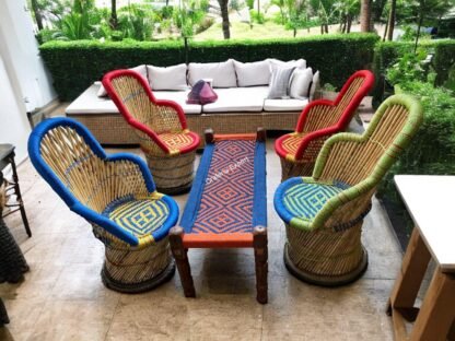Bamboo Ullu-Cut Chairs With Wooden Small Bench Outdoor Furniture Set of 7
