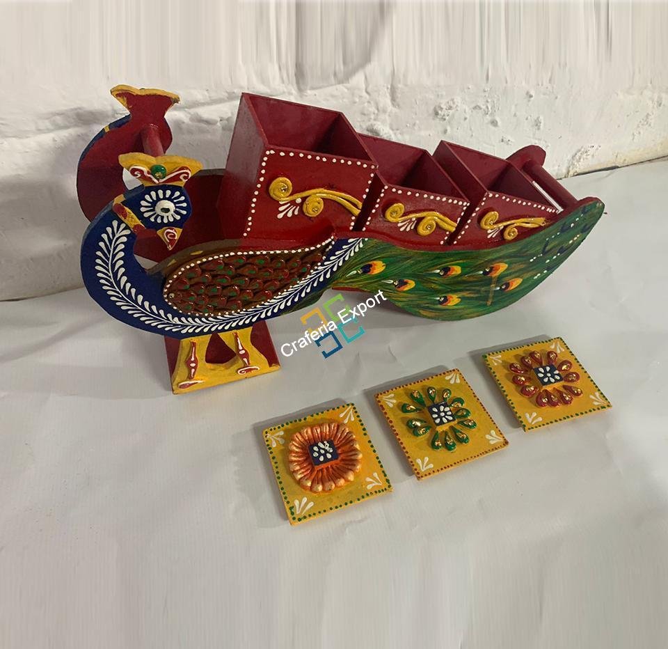Wooden handcrafted peacock shaped dry fruit box / serving cart showpiece - Image 6