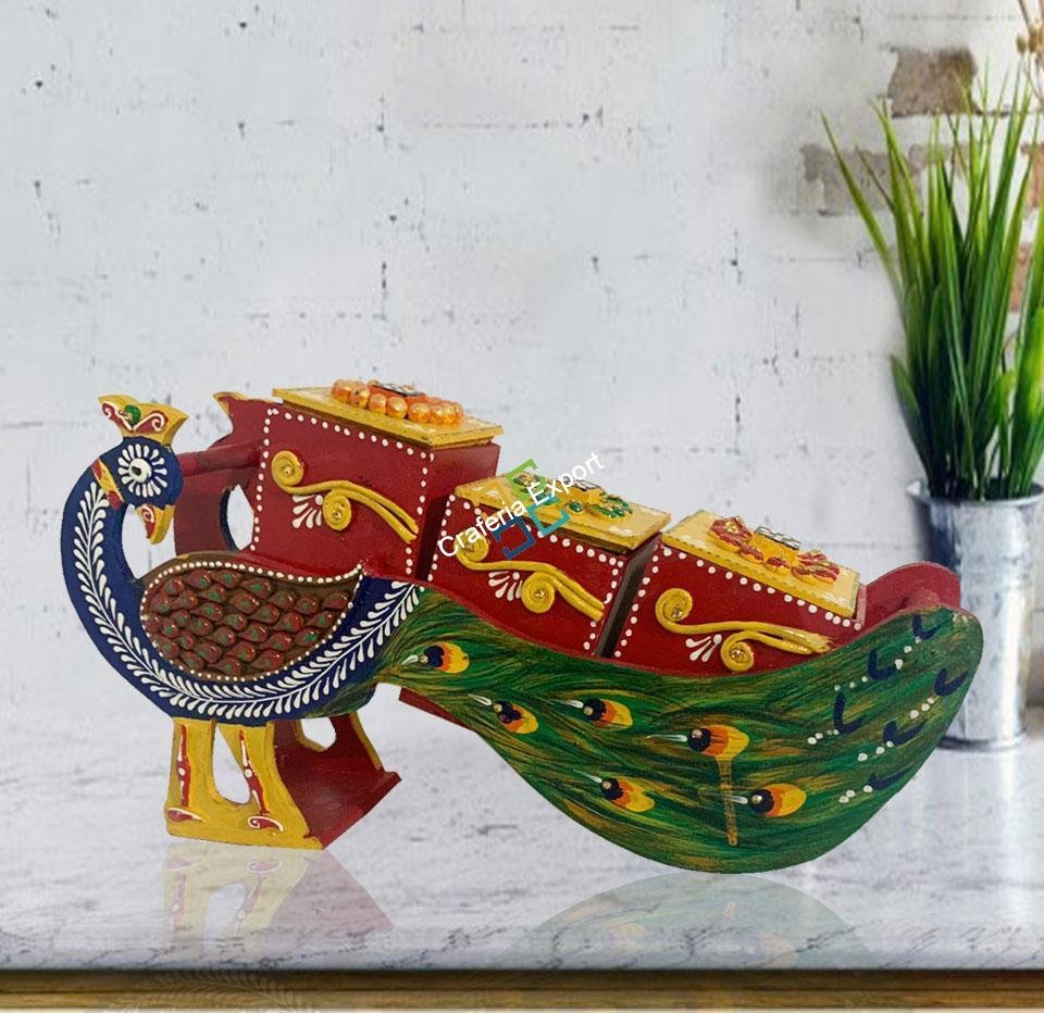 Wooden handcrafted peacock shaped dry fruit box / serving cart showpiece - Image 2