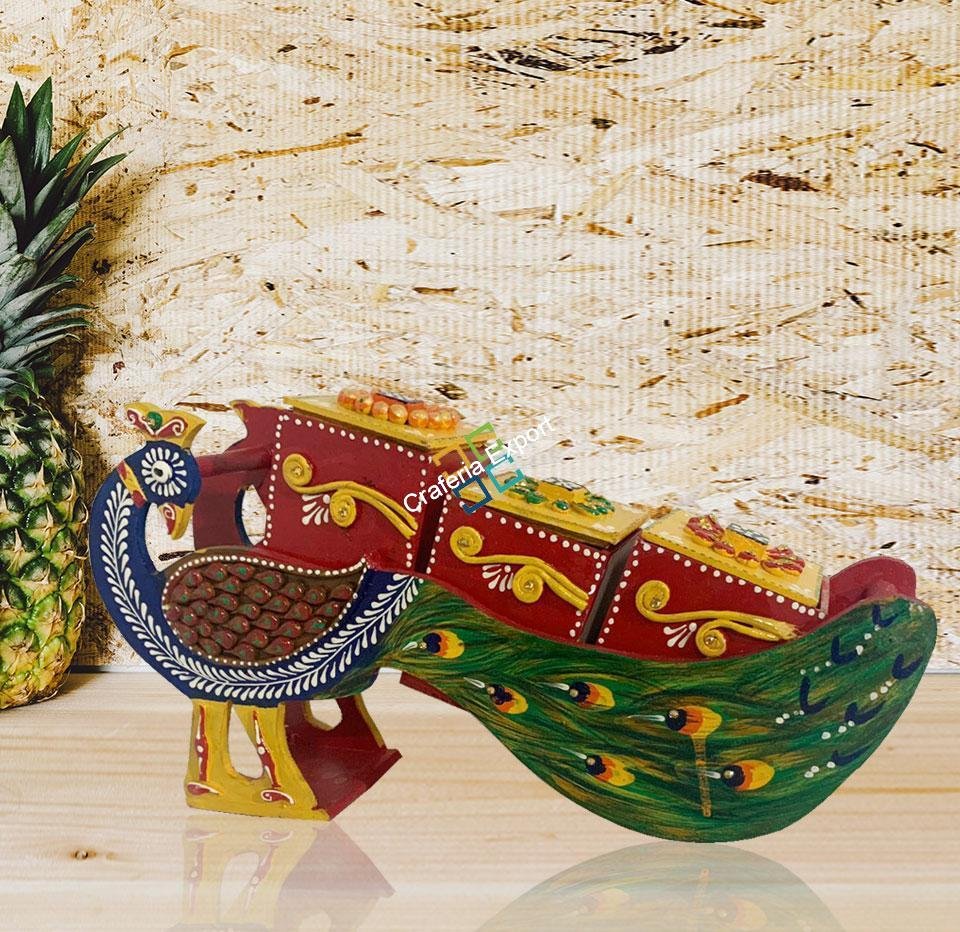 Wooden handcrafted peacock shaped dry fruit box / serving cart showpiece - Image 3