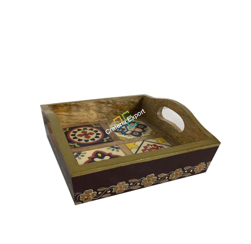 Handcrafted wooden serving tray with tiles fitted for home decor