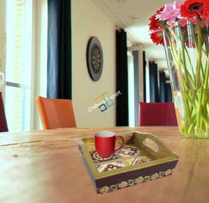 Handcrafted wooden serving tray with tiles fitted for home decor - Image 2