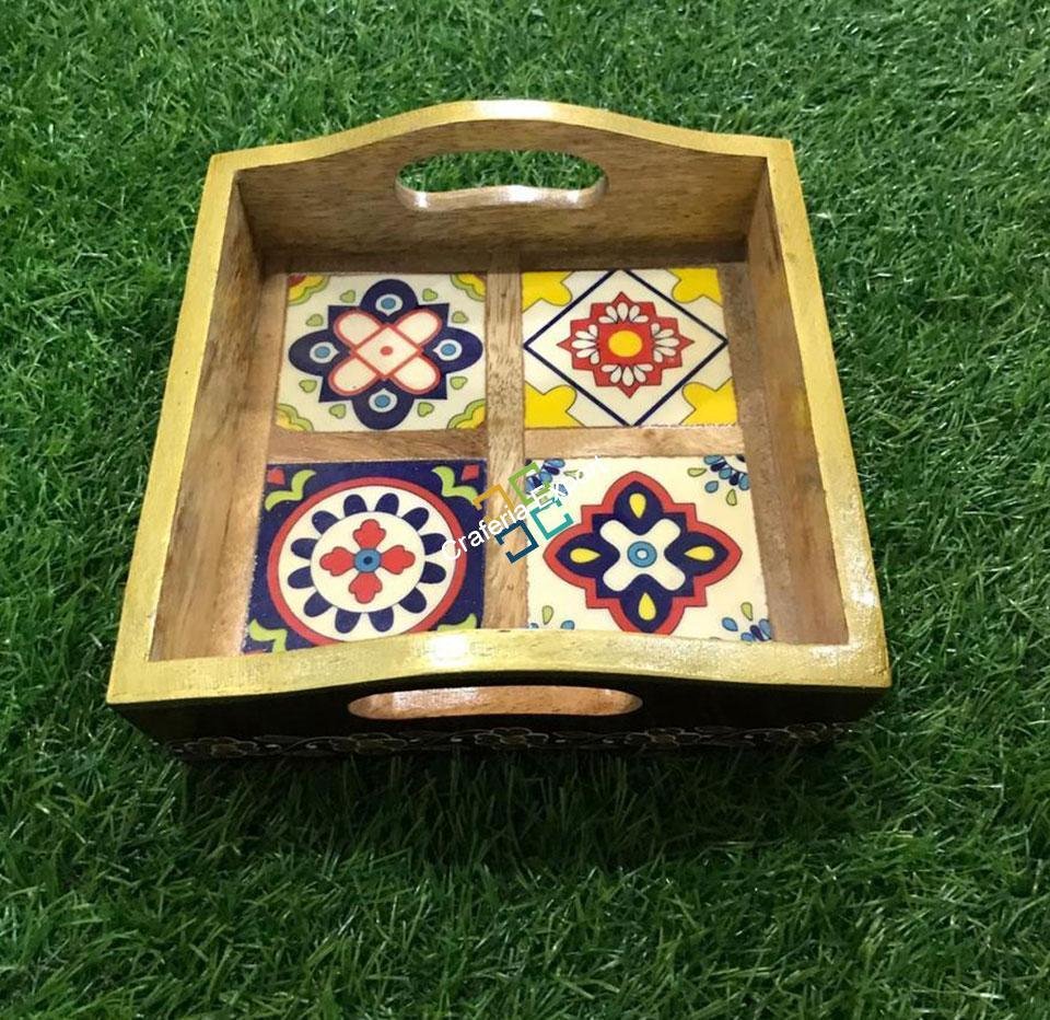 Handcrafted wooden serving tray with tiles fitted for home decor - Image 4