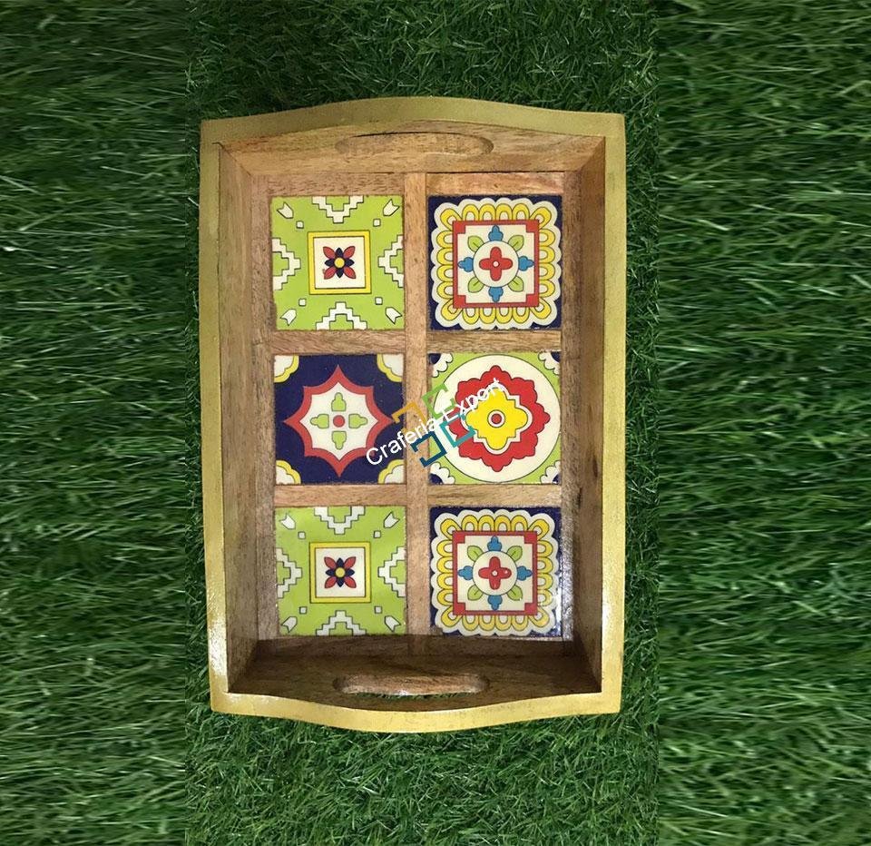 Handcrafted wooden serving tray with tiles fitted for home decor - Image 3