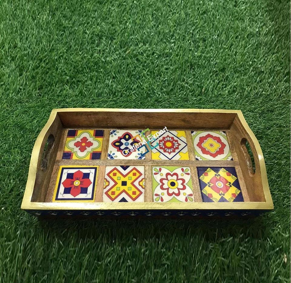 Handcrafted wooden serving tray with tiles fitted for home decor - Image 5