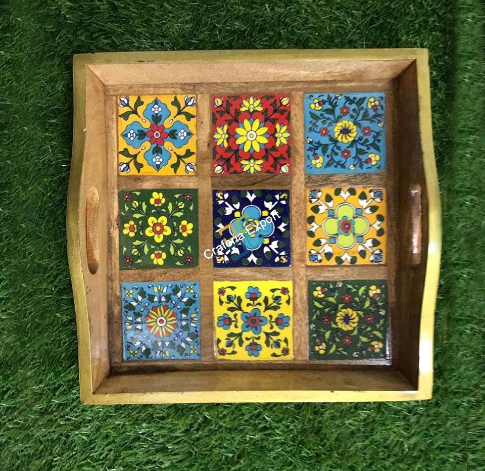 Handcrafted wooden serving tray with tiles fitted for home decor - Image 8